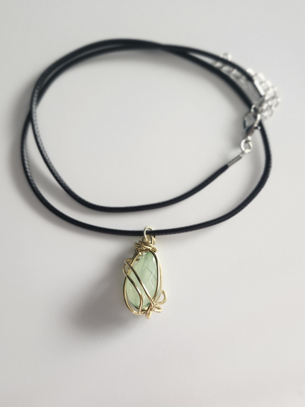 Gold Wire-Wrapped Pale Green Teardrop Pendant Necklace - Women Jewelry